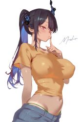 Rule 34 | 1girl, asymmetrical horns, bikini tan, black hair, blue hair, blue pants, blush, brazilian miku, breasts, colored inner hair, commentary, covered erect nipples, dark-skinned female, dark skin, demon horns, denim, english commentary, finger to cheek, green panties, hand up, hatsune miku, high ponytail, highleg, highleg panties, highres, hololive, hololive english, horns, impossible clothes, index finger raised, jeans, large breasts, long hair, mashiro www, multicolored hair, navel, nerissa ravencroft, orange shirt, panties, pants, ponytail, red eyes, shirt, short sleeves, slit pupils, solo, tan, tanline, thong, two-tone hair, underwear, uneven horns, virtual youtuber