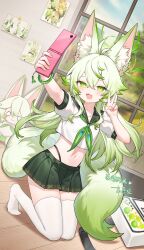 1girl :3 absurdres ahoge animal_ear_fluff animal_ears arm_up black_panties cellphone fox_ears fox_girl fox_tail green_eyes green_hair green_skirt highleg highleg_panties highres indoors kneeling long_hair miniskirt miyayoki navel no_shoes open_mouth original panties phone photo_(object) pleated_skirt school_uniform selfie serafuku shirt short_sleeves skirt smartphone smile solo tail taking_picture thighhighs thighs underwear v white_shirt white_thighhighs window