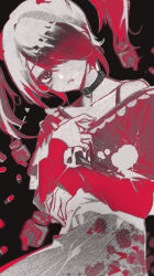 1girl ame-chan_(needy_girl_overdose) black_collar collar commentary detached_sleeves english_commentary grey_eyes grey_hair grey_shirt grey_skirt hair_over_one_eye highres looking_at_viewer needy_girl_overdose parted_lips pill pill_bottle red_hair red_sleeves shirt skirt solo splatter twintails zhubajun