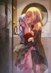 Rule 34 | 2girls, bang dream!, bang dream! it&#039;s mygo!!!!!, bathroom, black dress, black gloves, black shorts, black skirt, blonde hair, blue hair, blush, bra, clothing cutout, commentary request, doloris (bang dream!), dress, eye contact, fingering, french kiss, gloves, hand in another&#039;s hair, highres, kiss, long hair, looking at another, medium hair, mirror, misumi uika, multiple girls, nipples, oblivionis (bang dream!), purple eyes, red bra, red shirt, reflection, shannon natural, shirt, shorts, shoulder cutout, skirt, togawa sakiko, two side up, underwear, yellow eyes, yuri