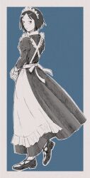 1boy :| adversarial_noise apron back blue_background border closed_mouth commentary_request crossdressing crossdressing_(mtf) dress frilled_apron frilled_hairband frills from_behind full_body futsuu_no_keion-bu greyscale_with_colored_background hairband highres juliet_sleeves long_dress long_sleeves looking_at_viewer looking_back maid maid_apron maid_headdress male_focus male_maid own_hands_together parted_bangs puffy_sleeves shoes short_hair solo standing sugiru_futsu taguchi_ryuuya white_border