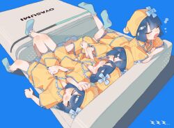 Rule 34 | 4girls, absurdres, blue background, blue hair, highres, multiple girls, nanoni!, original, pajamas, short hair, sleeping, socks, tagme, yawning, yellow pajamas