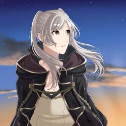 1girl ao_saryaruhu arms_at_sides black_coat breasts brown_eyes cleavage clenched_teeth cloud coat collarbone expressionless eyelashes facing_to_the_side female_focus fire_emblem fire_emblem_awakening floating_hair highres hood hooded_coat long_hair long_sleeves looking_to_the_side medium_breasts neck nintendo open_clothes open_coat outdoors parted_lips robin_(female)_(fire_emblem) robin_(fire_emblem) shirt sidelocks sky sleeveless sleeveless_shirt standing sunset swept_bangs teeth turning_head twintails upper_body white_hair wide_sleeves