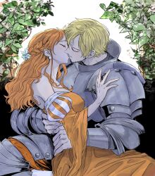 1boy 1girl armor blonde_hair blush braid closed_eyes commentary_request curly_eyebrows dress earrings facial_hair goatee highres jewelry kiss knight korean_commentary long_hair mustache nami_(one_piece) off_shoulder one_piece orange_dress orange_hair pearl_earrings profile sanji_(one_piece) short_hair sidelocks sktkah_7326 wide_sleeves