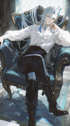 Rule 34 | 1boy, absurdres, black boots, black pants, blue hair, boots, bright pupils, chair, closed mouth, genshin impact, grey hair, highres, looking at viewer, male focus, maria (maria rose), multicolored hair, neuvillette (genshin impact), on chair, pants, shirt, sitting, solo, two-tone hair, white pupils, white shirt