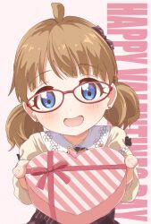 1girl :d ahoge black_bow black_skirt blue_eyes bow box brown_hair collared_shirt commentary_request earrings gift gift_box glasses hair_bow happy_valentine heart heart-shaped_box heart_earrings highres holding holding_gift idolmaster idolmaster_million_live! incoming_gift jewelry looking_at_viewer medium_hair official_alternate_costume official_alternate_hairstyle open_mouth red-framed_eyewear shirt skirt smile solo suou_momoko toma_(shinozaki) twintails white_background yellow_shirt