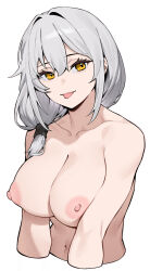 1girl :p breasts collarbone grey_hair hair_between_eyes highres jjune large_breasts navel nipples nude original simple_background solo tongue tongue_out upper_body white_background yellow_eyes
