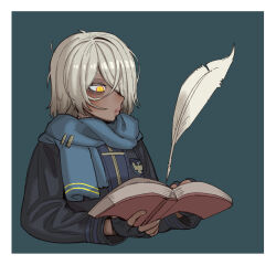 Rule 34 | 1girl, absurdres, black gloves, black jacket, blue background, blue scarf, blush, book, breasts, commentary, dark-skinned female, dark skin, ebonyxh, english commentary, eyes visible through hair, fingerless gloves, floating, floating object, freckles, gloves, hair over one eye, highres, hogwarts legacy, holding, holding book, jacket, long sleeves, open book, open mouth, protagonist (hogwarts legacy), quill, ringed eyes, scar, scar on neck, scarf, short hair, simple background, small breasts, solaria (ebonyxh), solo, white background, white hair, wizarding world, yellow eyes