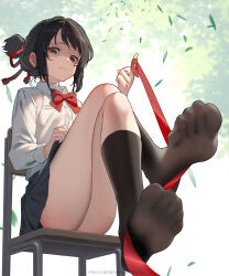 1girl absurdres black_skirt black_socks bow bowtie breasts chair closed_mouth clothes_lift crossed_legs falling_leaves full_body hair_bun highres holding holding_ribbon kimi_no_na_wa. leaf looking_at_viewer looking_down miyamizu_mitsuha partially_shaded_face red_bow red_bowtie red_eyes ribbon school_chair school_uniform senyahiro shirt short_hair sitting skirt skirt_lift small_breasts socks soles solo toes white_shirt yandere
