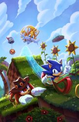 4boys :d absurdres aircraft arm_up artist_name blue_sky brown_eyes brown_headwear bush chain clenched_teeth closed_mouth cloud coconut_tree commentary cowboy_hat dated day dr._eggman egg_mobile english_commentary facial_hair floating_island flower flying frown furry furry_male gloves grass hand_up hat highres hill knuckles_the_echidna knuckles_the_echidna_(treasure_hunter) looking_at_viewer loop-the-loop male_focus motion_blur motion_lines multiple_boys mustache open_mouth outdoors outstretched_arms palm_tree plant red_flower red_footwear running serious shoes sky smile smirk sonic_(series) sonic_the_hedgehog spacecolonie sparkle speed_lines spikes spread_arms star_(symbol) sunflower tails_(sonic) teeth tree v v-shaped_eyebrows wheel_o_feet white_flower white_gloves wrecking_ball yellow_flower