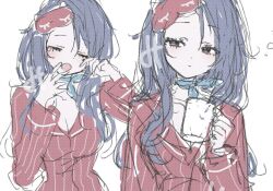 1girl artist_name black_eyes blue_bow blue_choker blue_hair bow bow_choker breasts choker cleavage closed_eyes closed_mouth cup eyelashes hand_up holding holding_cup long_hair long_sleeves looking_to_the_side medium_breasts mi_398 miside mita_(miside) mug multiple_views open_mouth pajamas red_pajamas red_shirt rubbing_eyes shirt sketch sleep_mask sleepy sleepy_mita_(miside) spread_fingers squeans striped_clothes striped_shirt vertical-striped_clothes vertical-striped_shirt watermark white_stripes yawning