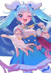Rule 34 | 1girl, absurdres, blue dress, blue eyes, blue hair, blush, clenched hand, commentary, cure sky, dress, earrings, eyelashes, fingerless gloves, gloves, gradient hair, hair ornament, happy, highres, hirogaru sky! precure, jewelry, long hair, looking at viewer, magical girl, multicolored hair, one eye closed, pink hair, precure, smile, solo, sora harewataru, standing, streaked hair, sutora binsuke, thighhighs, thighs, twintails, two-tone hair, very long hair, white gloves
