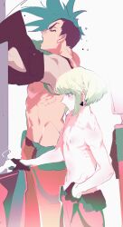 2boys blue_hair closed_eyes clothes_hanger dressing earrings galo_thymos gloves green_hair half_gloves height_difference highres jewelry km_(ksolee1201) lio_fotia male_focus mohawk multiple_boys muscular muscular_male navel nipples pants promare short_hair topless_male