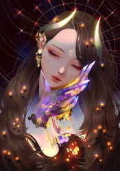 1girl absurdres alternate_body_fluid brown_hair colored_skin commentary constellation crescent crescent_facial_mark disembodied_hand disembodied_head earrings english_commentary facial_mark fingernails forehead_mark freckles half-closed_eyes halo hand_on_own_cheek hand_on_own_face head_tilt highres horns jewelry long_fingernails original own_hands_together purple_skin solo sparkle star_(sky) surreal wonbin_lee yellow_skin