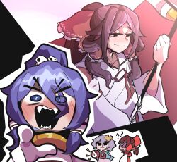 3girls ? absurdly_long_hair bell blush bow brown_hair chihaya_(clothing) cuffs detached_sleeves eyeball foul_detective_satori frilled_bow frilled_hair_tubes frills gensokyo&#039;s_first_hakurei_miko hair_bow hair_ornament hair_tubes hakurei_reimu heart highres holding japanese_clothes jingle_bell kappamin komeiji_satori long_hair long_sleeves low-tied_long_hair miko miyadeguchi_mizuchi multiple_girls open_mouth pointing ponytail prison_clothes purple_hair red_bow ribbon ribbon_trim sharp_teeth shirt short_hair sidelocks smile striped_clothes teeth third_eye touhou very_long_hair wide_sleeves