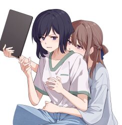 Rule 34 | 2girls, black hair, blue pants, blush, braid, brown hair, commentary request, denim, earrings, grey shirt, half up braid, highres, holding, holding tablet pc, hug, hug from behind, jeans, jewelry, kyo6159, long hair, long sleeves, medium hair, miyagi shiori, multiple girls, pants, parted lips, purple eyes, sendai hazuki, shirt, short sleeves, shuuniichido classmate wo kau hanashi, simple background, stud earrings, tablet pc, white background, white shirt, yuri