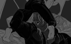 Rule 34 | 2boys, after fellatio, barefoot, black coat (kingdom hearts), black pants, cum, cum in mouth, cum on body, cum on tongue, cum string, dark-skinned male, dark skin, ejaculation, erection, fang, glowing, glowing eyes, hand on another&#039;s thigh, highres, kingdom hearts, kneeling, long hair, looking up, lying, male focus, multiple boys, nekokat42, on back, open mouth, oral, orange eyes, pants, penis, pillow, roxas, straddling, testicles, tongue, unzipped, white hair, xemnas, yaoi