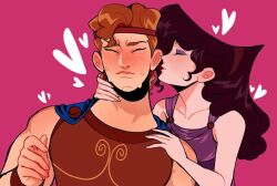 1boy 1girl ancient_greek_clothes bare_shoulders brown_hair commentary_request copyright_request dress eyeshadow greco-roman_clothes hercules_(1997_movie) hercules_(disney) kiss long_hair makeup megara_(disney) muscular muscular_male non-web_source ponytail purple_dress short_hair sleeveless smile source_request toon_(style)