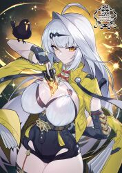 1girl ahoge animal_on_arm arm_behind_back armlet between_breasts bird bird_on_arm black_gloves black_shorts breasts coin coin_on_string fingerless_gloves glint gloves hair_ornament hand_up high-waist_shorts highres holding jacket jewelry large_breasts light_blush light_trail long_hair looking_at_viewer matsumoto_tomoyohi night night_sky shirt shorts sky solo star_(sky) tassel thigh_strap thighs very_long_hair watermark white_hair white_shirt yellow_eyes yellow_jacket yi_xuan_(zenless_zone_zero) yin_yang_pin zenless_zone_zero