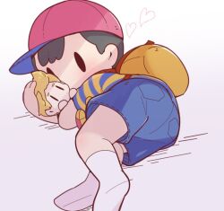 1boy ass ass_focus ass_only backpack bag bed black_hair blue_shorts blush cap huge_ass legs looking_back lucas_(mother_3) lying male_focus mother_(series) mother_2 ness_(mother_2) nintendo on_bed red_cap shirt shorts shota socks striped_clothes striped_shirt stuffed_toy super_smash_bros. sweat sweatdrop toy white_socks yellow_shirt