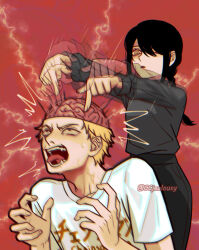 1boy 1girl afterimage balcony black_shirt blonde_hair braid brain chainsaw_man chromatic_aberration commentary czy_(2894456992) denji_(chainsaw_man) exposed_brain fangs hair_over_one_eye hashtag-only_commentary nayuta_(chainsaw_man) open_mouth poking red_background ringed_eyes shirt sidelocks single_braid t-shirt tongue tongue_out turtleneck twitter_username yellow_eyes