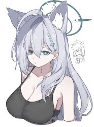 2girls absurdres animal_ear_fluff animal_ears blue_archive breasts broken_halo cleavage cross cross_hair_ornament dark_halo extra_ears grey_hair hair_ornament halo highres inverted_cross mibashi_(hash1_bam1) mismatched_pupils multiple_girls shiroko_(blue_archive) shiroko_terror_(blue_archive) wolf_ears wolf_girl