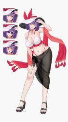 1girl absurdres aroevela bikini black_sarong expression_chart hat highres midriff nagae_iku purple_hair red_eyes red_scarf ribbon sarong scarf short_hair simple_background solo sunglasses swimsuit touhou white_background white_hat