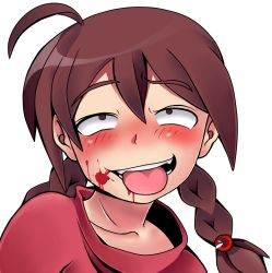1girl ahegao ahegaokin ahoge bad_id bad_pixiv_id blood blood_on_face blood_splatter blush braid female_focus funamusea_(artist) head_tilt highres madotsuki mogeko parody pink_shirt raised_eyebrows shirt solo tongue twin_braids yume_nikki