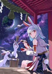 1girl animal_ears blue_hair blunt_bangs character_request chinese_zodiac chopsticks clothing_cutout commentary copyright_request detached_sleeves earth_(planet) eating food highres holding holding_chopsticks japanese_clothes kine long_sleeves looking_back mallet medium_hair mochi obi on_moon oramustat planet pleated_skirt rabbit rabbit_ears rabbit_girl rabbit_tail red_eyes sash shrine sitting skirt sleeveless tail tail_through_clothes year_of_the_rabbit