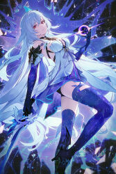 1girl bare_shoulders black_hole boots breasts closed_mouth colored_skin commentary_request dress genshin_impact high_heel_boots high_heels holding holding_sword holding_weapon long_hair looking_at_viewer medium_breasts nagu purple_dress purple_hands purple_thighhighs red_eyes skirk_(genshin_impact) sleeveless sleeveless_dress solo sword thigh_boots thighhighs two-tone_dress very_long_hair weapon white_dress white_hair