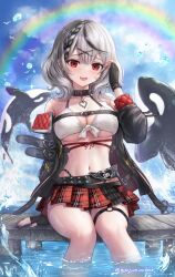 Rule 34 | 1girl, :d, absurdres, adapted costume, bikini, bikini top only, black collar, black gloves, black hair, black jacket, braid, braided bangs, breasts, chest belt, collar, commentary request, day, fingerless gloves, gloves, grey hair, hair ornament, hairclip, hand up, highres, hololive, jacket, large breasts, looking at viewer, medium hair, miniskirt, multicolored hair, o-ring, o-ring thigh strap, open clothes, open jacket, open mouth, orca, outdoors, plaid clothes, plaid skirt, pleated skirt, rainbow, red eyes, red skirt, revision, sakamata chloe, sakamata chloe (1st costume), sitting, skirt, smile, soaking feet, streaked hair, swimsuit, thigh strap, two-sided fabric, two-sided jacket, virtual youtuber, wajuniorbox, wavy hair, white bikini, x hair ornament