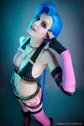 Rule 34 | 1girl, blue hair, breasts, cosplay, full body, highres, jinx (league of legends), jinx (league of legends) (cosplay), legs, long hair, real life, sexually suggestive, shorts, small breasts, solo