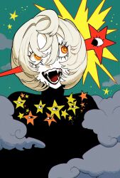 1girl aqua_background blonde_hair cloud fangs highres impaled looking_to_the_side momomo_906 multicolored_eyes open_mouth original red_eyes ringed_eyes short_hair solo star_(symbol) upper_body yellow_eyes