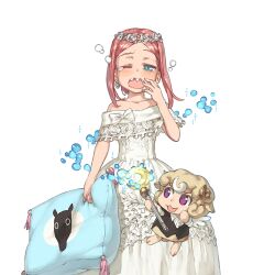 Rule 34 | 1girl, blue eyes, dress, hair ornament, haru (uchi no hime-sama), holding, holding pillow, parted bangs, pillow, pink hair, sheep, shoe-ji, simple background, sleepy, uchi no hime-sama ga ichiban kawaii, wedding dress