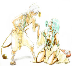 1boy 1girl aqua_eyes aqua_hair ball_and_chain_restraint breasts chain closed_eyes commentary_request dark-skinned_male dark_skin hair_between_breasts hair_censor hand_grab hand_on_own_hip kneeling magi_the_labyrinth_of_magic medium_breasts no_shirt sandals sharrkan sunsetavolcano sword translation_request weapon white_hair yamuraiha