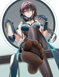 1girl absurdres blue_eyes blush bm_(bm364364) brown_hair crossed_legs feet highres honkai:_star_rail honkai_(series) long_hair looking_at_viewer pantyhose ruan_mei_(honkai:_star_rail) shoes single_shoe soles toes unworn_shoes