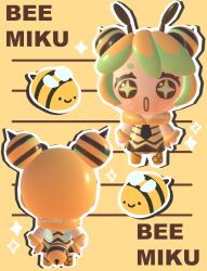1girl 3d absurdres adapted_costume alternate_costume alternate_hair_color alternate_hairstyle antennae arthropod_girl bee bee_costume bee_girl bee_tail bee_wings blonde_hair blush bug chibi chibi_only double_bun green_hair hair_bun hatsune_miku highres insect insect_girl insect_wings lavy_(lavnko) necktie spiral_cheeks stinger vocaloid wings