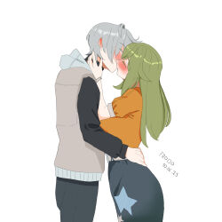 Rule 34 | 1boy, 1girl, blush, closed eyes, frodopon, green hair, grey hair, highres, kiss, long hair, long sleeves, orange shirt, shirt, simple background, skirt, venus (zenless zone zero), white background, wise (zenless zone zero), zenless zone zero