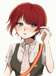 1girl bag breast_pocket breasts collared_shirt danganronpa_(series) danganronpa_2:_goodbye_despair dress freckles green_dress grey_eyes hand_up highres koizumi_mahiru kun_(oxx_kn_xxo) large_breasts necktie parted_lips plaid_clothes plaid_necktie pocket red_hair shirt short_hair short_sleeves shoulder_bag simple_background solo teeth upper_body white_background