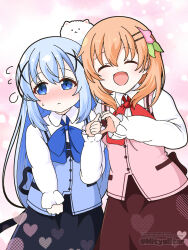 2girls :d ^_^ angora_rabbit animal black_skirt blue_bow blue_eyes blue_hair blue_vest blush bow brown_hair brown_skirt closed_eyes closed_mouth collared_shirt commentary_request dress_shirt employee_uniform english_text flying_sweatdrops gochuumon_wa_usagi_desu_ka? hair_between_eyes hair_ornament hairclip heart heart_hands_failure highres hoto_cocoa kafuu_chino long_hair long_sleeves looking_to_the_side mitya multiple_girls nose_blush open_mouth pink_vest puffy_long_sleeves puffy_sleeves rabbit rabbit_house_uniform red_bow shirt skirt sleeves_past_wrists smile thumbs_up tippy_(gochiusa) twitter_username very_long_hair vest waitress watermark white_shirt x_hair_ornament