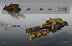 3d cable reference_sheet commentary company_name concept_art copyright_name dated english_text eve_online flying frigate_(eve_online) from_side georg_hilmarsson glowing grey_background highres industrial_ship_(eve_online) logo machinery multiple_views no_humans official_art outer_ring_excavations_(eve_online) realistic science_fiction shadow signature spacecraft thrusters vehicle_focus