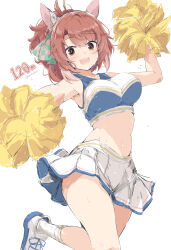 1girl :d absurdres alternate_costume animal_ears blush bow breasts brown_eyes brown_hair cheerleader dantsu_flame_(umamusume) ear_covers ear_ribbon highres holding holding_pom_poms horse_ears horse_girl kannagiray looking_at_viewer medium_breasts midriff navel no_tail open_mouth pom_pom_(cheerleading) pom_poms skirt smile solo thighs umamusume white_skirt