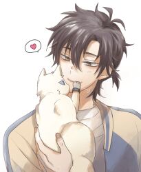 Rule 34 | 1boy, animal, animalization, antenna hair, black hair, blue jacket, brown eyes, cat, cheng xiaoshi, hair between eyes, heart, highres, hktk neochi, holding, holding animal, holding cat, implied yaoi, jacket, looking at animal, lu guang (cat), male focus, multicolored jacket, ponytail, shiguang dailiren, shirt, short hair, short ponytail, simple background, smile, solo, speech bubble, spoken heart, upper body, white background, white cat, white shirt, yellow jacket