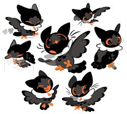 animal animal_focus beak bird black_eyes black_feathers bul_(moiko) chest_tuft chibi colored_sclera creature creature_focus feathers full_body highres multiple_views no_humans orange_sclera original owl owl_ears simple_background talons white_background