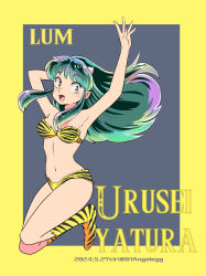 01angelegg 1girl 2024 animal_print armpits arms_up bare_arms black_hair black_stripes border bra breasts character_name copyright_name dated floating_hair full_body green_hair grey_background highres kneehighs long_hair looking_at_viewer lum medium_breasts multicolored_hair navel panties print_bra print_panties socks solo strapless strapless_bra striped_bra striped_clothes striped_panties striped_socks tiger_print tiger_stripes twitter_username underwear underwear_only urusei_yatsura yellow_border yellow_bra yellow_panties yellow_socks