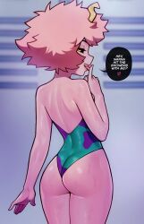 1girl alternate_costume ashido_mina ass back bare_arms bare_shoulders black_sclera blurry blurry_background boku_no_hero_academia colored_sclera colored_skin come_hither cowboy_shot english_text eyelashes feet_out_of_frame female_focus from_behind gluteal_fold green_one-piece_swimsuit half-closed_eyes hand_up heart highres horns index_finger_raised leotard licking_finger lips loodncrood looking_at_viewer looking_back nape one-piece_swimsuit parted_lips pink_hair pink_skin purple_one-piece_swimsuit seductive_smile shiny_skin short_hair shoulder_blades smile solo speech_bubble spoken_heart standing sweat swimsuit teeth thighs tongue tongue_out upper_teeth_only yellow_eyes