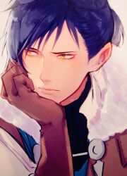 Rule 34 | 1boy, armor, black shirt, blue hair, brown gloves, closed mouth, felix hugo fraldarius, felix hugo fraldarius (timeskip), fire emblem, fire emblem: three houses, fur trim, gloves, hand on own face, head rest, leather armor, light frown, looking to the side, male focus, nintendo, orange eyes, ponytail, s3junk, shirt, short ponytail, short sideburns, sideways glance, solo, turtleneck, upper body, white background, white fur