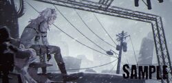 Rule 34 | 1boy, abandoned, animal ears, arm strap, armband, black armband, black boots, black gloves, blurry, blurry foreground, boots, building, cat boy, cat ears, cat tail, chest harness, english text, facing to the side, gloves, grey pants, grey shirt, hand on own leg, harness, highres, holster, industrial, industrial pipe, kotomeiro, leaning forward, looking to the side, male focus, original, outdoors, pants, ruins, shirt, shoulder holster, sitting, sitting on stairs, skyscraper, snow, snowflakes, snowing, stairs, tail, thigh strap, train station, truss, utility pole, white hair, wind