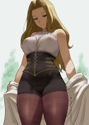 1girl black_corset blonde_hair blue_eyes breasts brown_pantyhose closed_mouth corset covered_erect_nipples highres large_breasts long_hair looking_down methode_(sousou_no_frieren) pantyhose parted_bangs shirt sleeveless sleeveless_shirt smile sousou_no_frieren strapless strapless_shirt white_shirt zefrableu