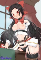 Rule 34 | 1girl, black hair, blush, bow, breasts, collarbone, commentary, crotch rub, curtains, cx4 storm (girls&#039; frontline), d0gduk, earrings, forehead, girls&#039; frontline, hair between eyes, hair bow, hair ornament, highres, jewelry, looking at viewer, masturbation, medium breasts, navel, panties, pussy juice, ribbon, solo, table humping, thighhighs, tongue, tongue out, underwear, window